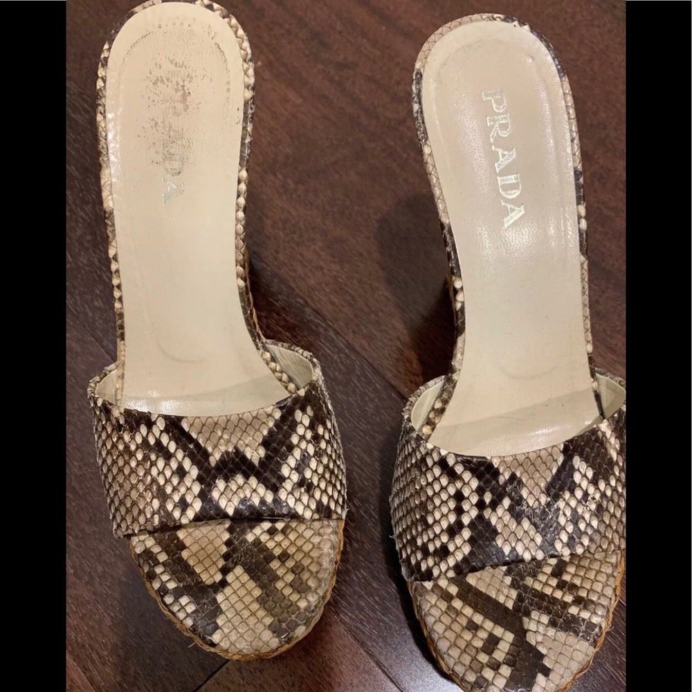 Prada straw raffia wedges  snakeskin brown